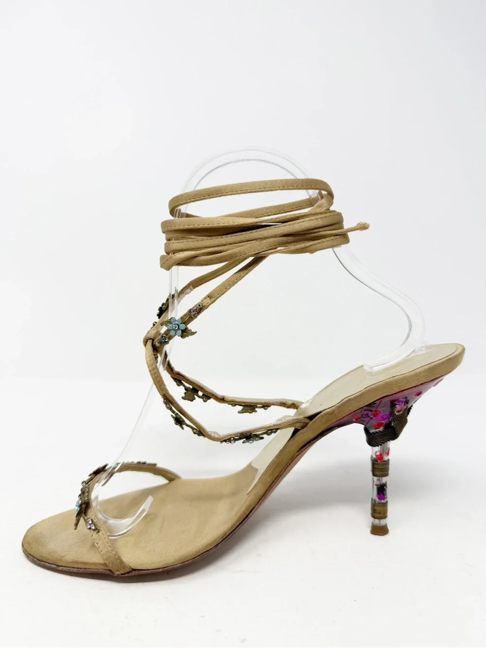 Giuseppe Zanotti Satin Floral Embellished Wrap Sandal Heels Womens Size 7.5 - Picture 7 of 11